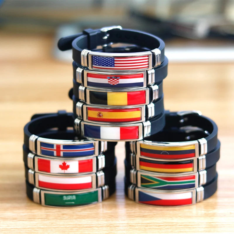 Pulsera de cuero con la bandera de España, Francia, Brasil, Portugal, Italia, Canadá y Venezuela. Pulsera para hombre. Flag Leather Bracelet France Brazil Portugal Italy Canada Venezuela Flag Charm Mens Wristband Jewelry