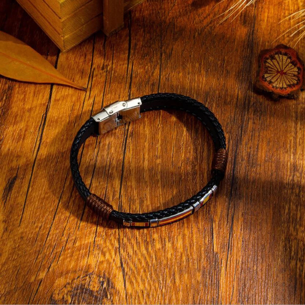 FIMAODZ - Pulsera con la bandera de España para hombre, de cuero negro, estilo retro, de acero inoxidable, joyería de moda para regalar a un amigo