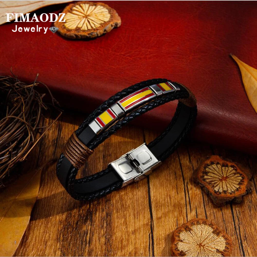 FIMAODZ - Pulsera con la bandera de España para hombre, de cuero negro, estilo retro, de acero inoxidable, joyería de moda para regalar a un amigo