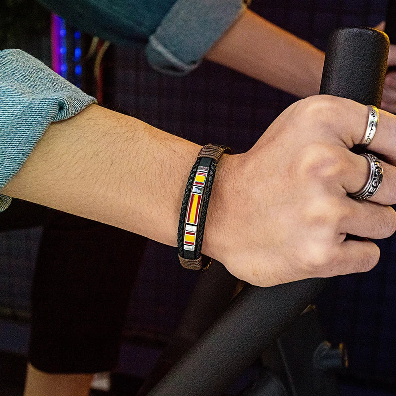 FIMAODZ - Pulsera con la bandera de España para hombre, de cuero negro, estilo retro, de acero inoxidable, joyería de moda para regalar a un amigo