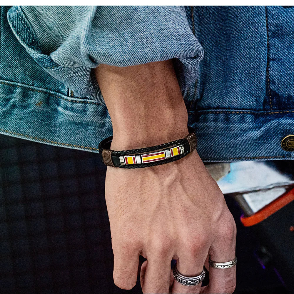 FIMAODZ - Pulsera con la bandera de España para hombre, de cuero negro, estilo retro, de acero inoxidable, joyería de moda para regalar a un amigo