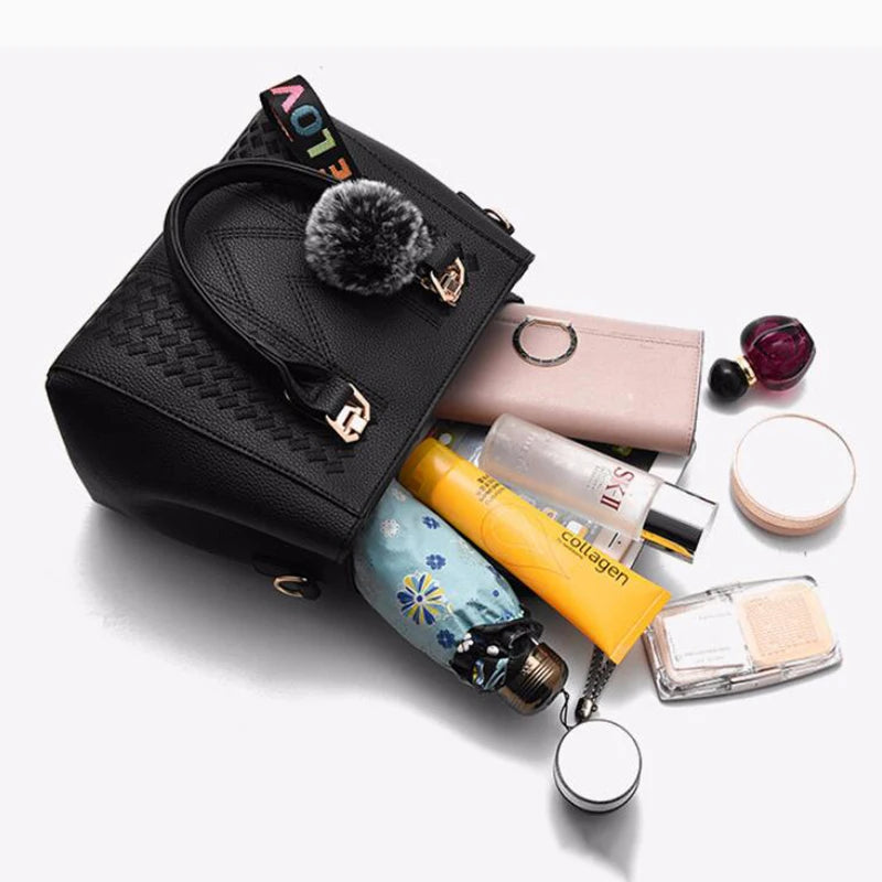 Embroidered messenger bags, women's leather bags, women's handbags, women's fur ball handbag