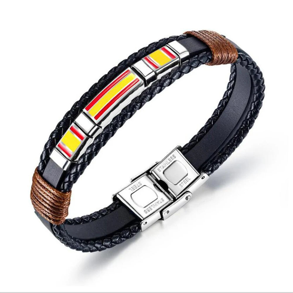 FIMAODZ - Pulsera con la bandera de España para hombre, de cuero negro, estilo retro, de acero inoxidable, joyería de moda para regalar a un amigo
