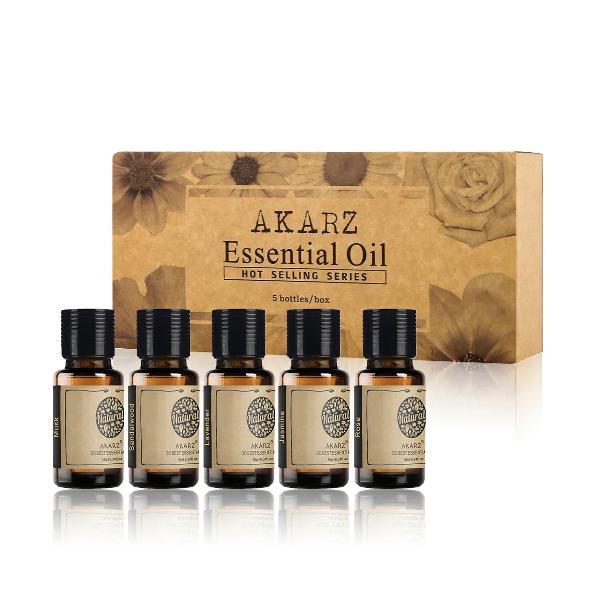 Set de 5 aceites esenciales AKARZ Hots Series: almizcle, sándalo, lavanda, jazmín y rosa, aceites de aromaterapia para difusor, botellas de 10 ml