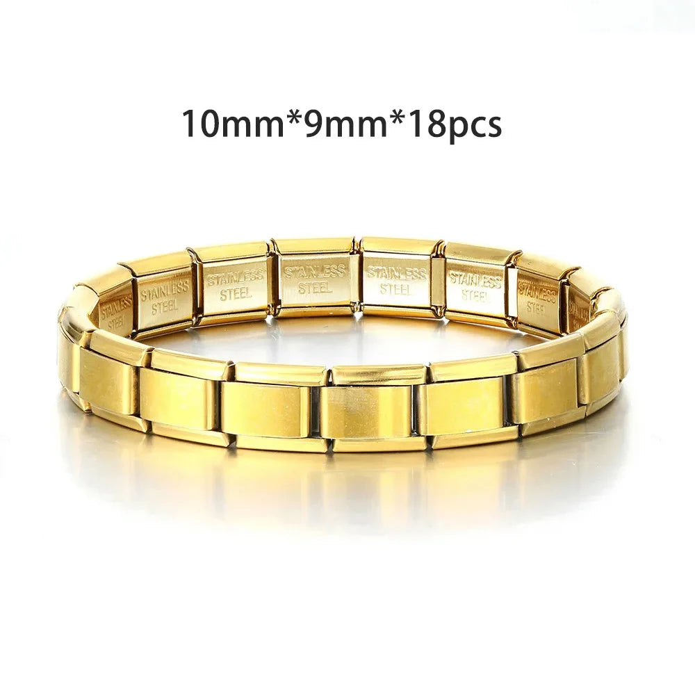 Pulseras de acero inoxidable con dijes italianos de 9 mm de ancho, color plata y oro, para mujer y hombre, hechas a mano.