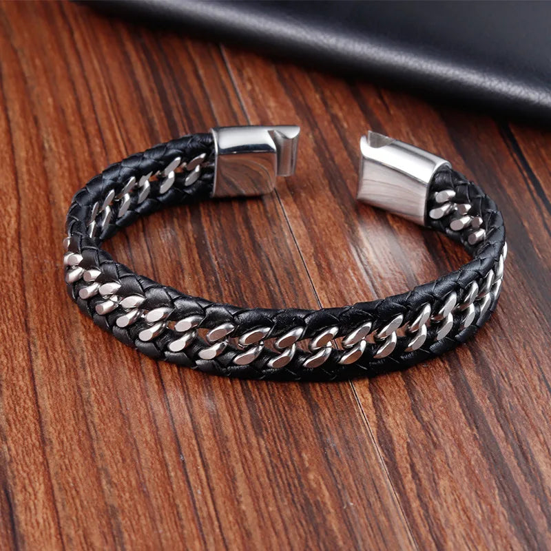 Pulseras de cuero negro trenzado para hombre, estilo punk, de acero inoxidable, para amigos, joyería de moda, regalos.