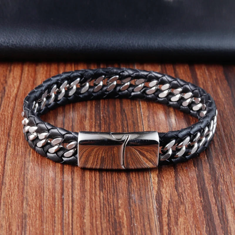 Pulseras de cuero negro trenzado para hombre, estilo punk, de acero inoxidable, para amigos, joyería de moda, regalos.