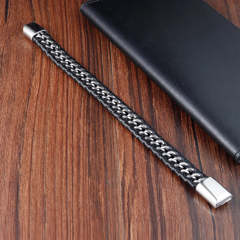 Pulseras de cuero negro trenzado para hombre, estilo punk, de acero inoxidable, para amigos, joyería de moda, regalos.