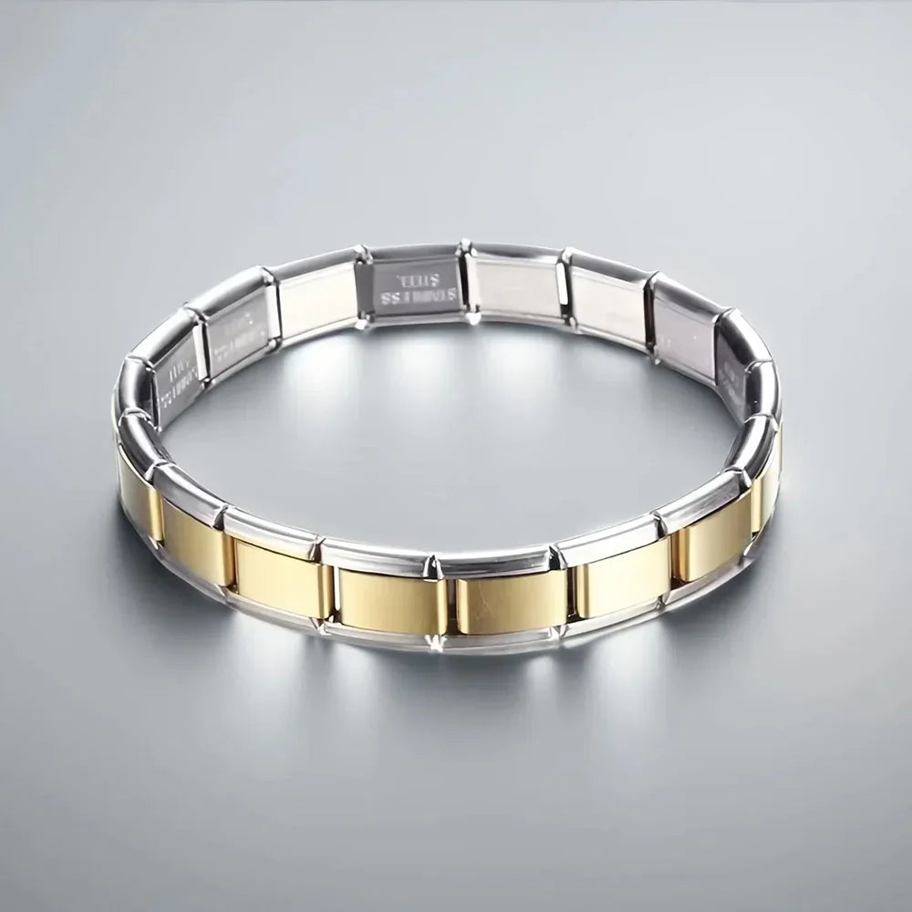 Pulseras de acero inoxidable con dijes italianos de 9 mm de ancho, color plata y oro, para mujer y hombre, hechas a mano.