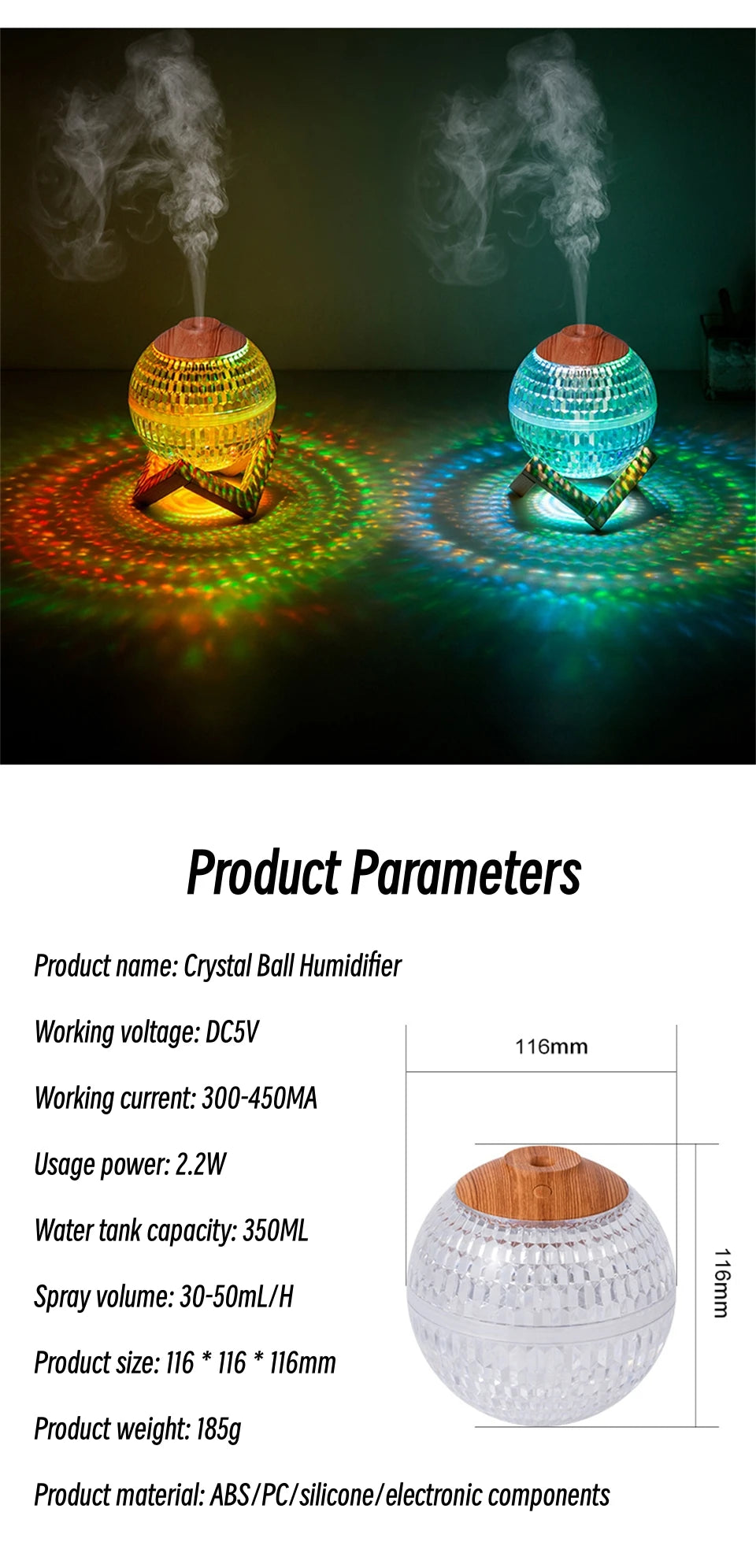 Humidificador de aire con bola de cristal de 350 ml, difusor de fragancias portátil USB, luz LED colorida, generador de vapor frío ultrasónico, humidificador de aroma.