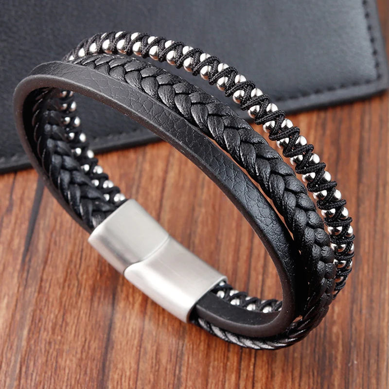 Pulseras de cuero negro trenzado para hombre, estilo punk, de acero inoxidable, para amigos, joyería de moda, regalos.