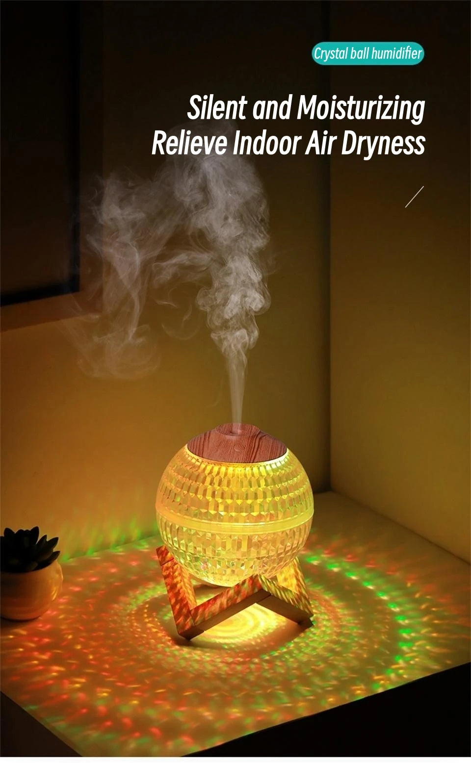 Humidificador de aire con bola de cristal de 350 ml, difusor de fragancias portátil USB, luz LED colorida, generador de vapor frío ultrasónico, humidificador de aroma.