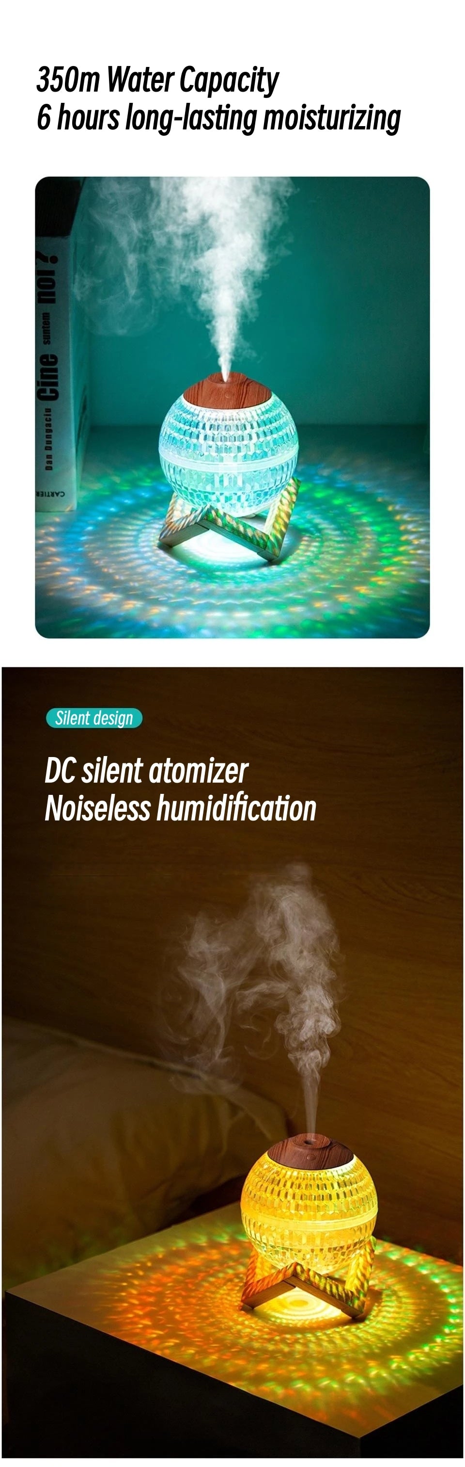 Humidificador de aire con bola de cristal de 350 ml, difusor de fragancias portátil USB, luz LED colorida, generador de vapor frío ultrasónico, humidificador de aroma.