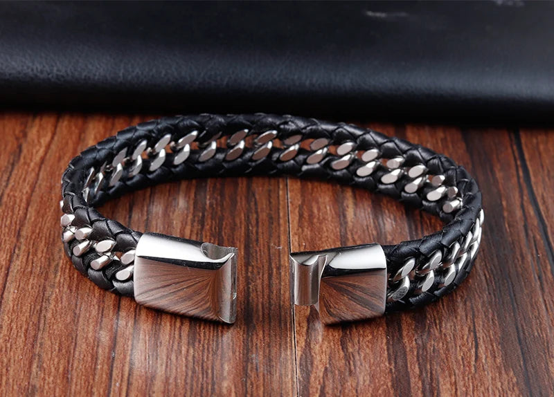Pulseras de cuero negro trenzado para hombre, estilo punk, de acero inoxidable, para amigos, joyería de moda, regalos.