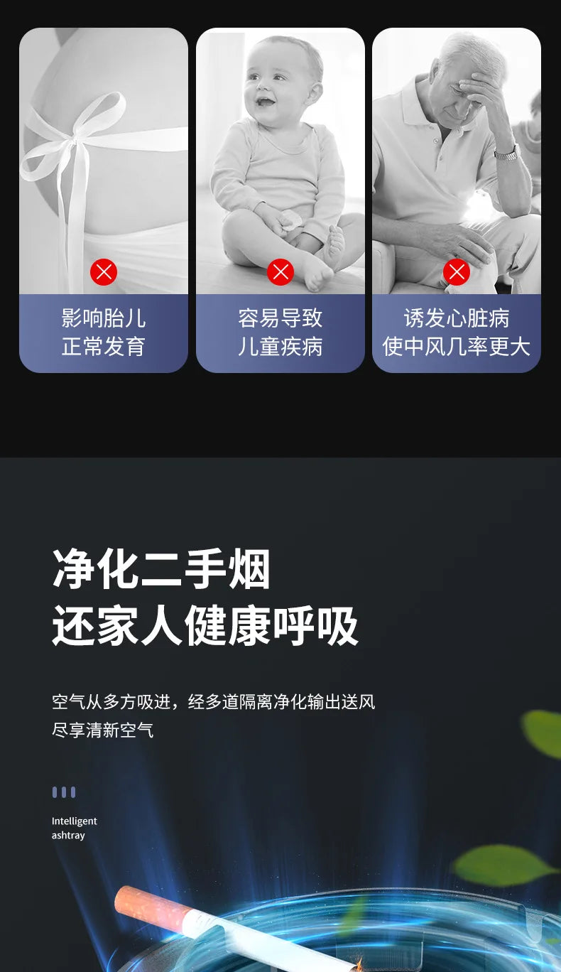 Cenicero purificador de aire inteligente para eliminar el humo pasivo y el olor a humo, con filtración múltiple para interiores, salas de estar y oficinas.