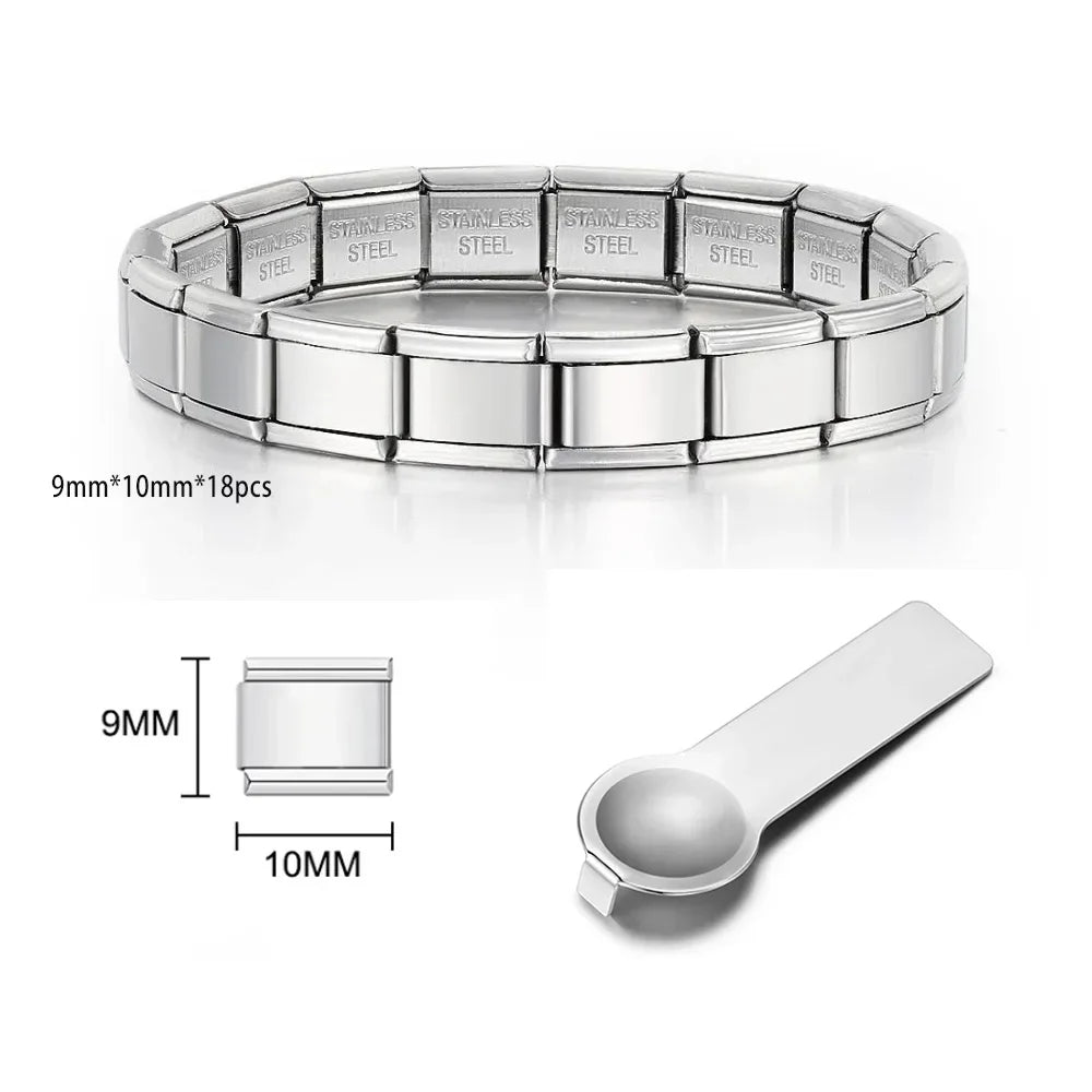 Pulseras de acero inoxidable con dijes italianos de 9 mm de ancho, color plata y oro, para mujer y hombre, hechas a mano.