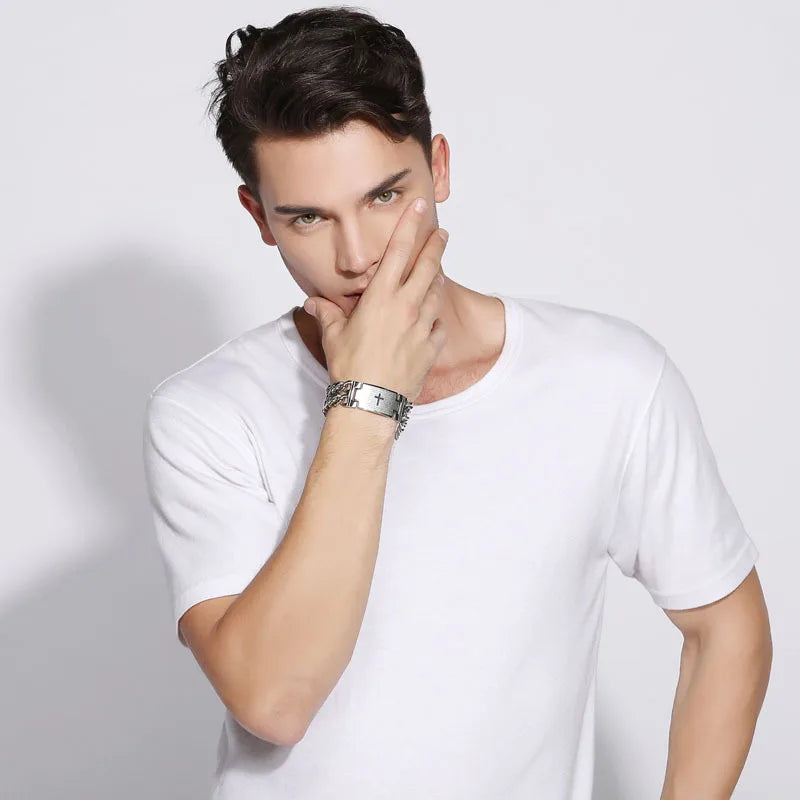 Pulsera de cadena cubana de acero inoxidable 316L de 24 mm de ancho HNSP para hombre, joyería masculina, pulseras de cadena envolventes, accesorio punk