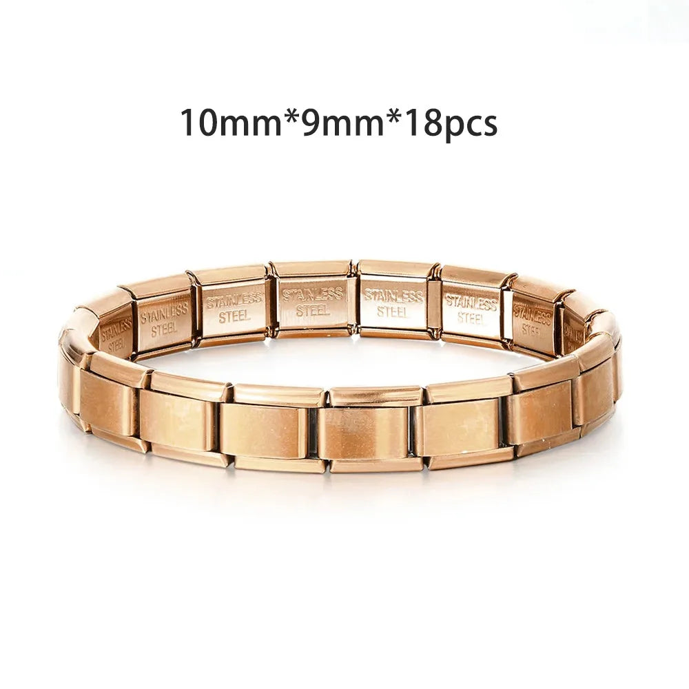 Pulseras de acero inoxidable con dijes italianos de 9 mm de ancho, color plata y oro, para mujer y hombre, hechas a mano.
