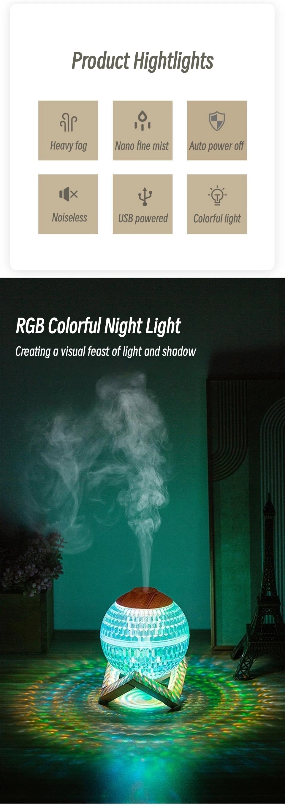 Humidificador de aire con bola de cristal de 350 ml, difusor de fragancias portátil USB, luz LED colorida, generador de vapor frío ultrasónico, humidificador de aroma.