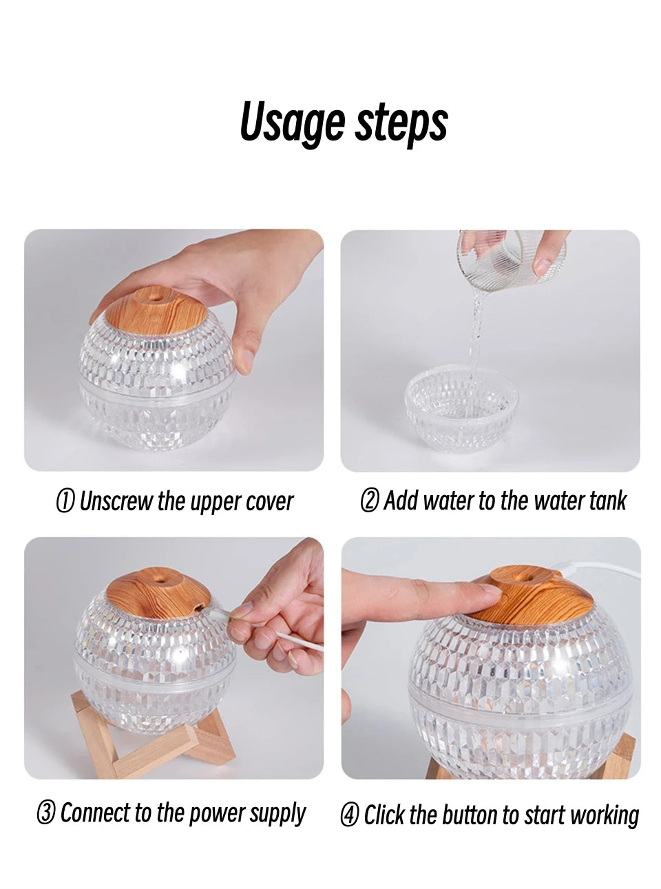 Humidificador de aire con bola de cristal de 350 ml, difusor de fragancias portátil USB, luz LED colorida, generador de vapor frío ultrasónico, humidificador de aroma.