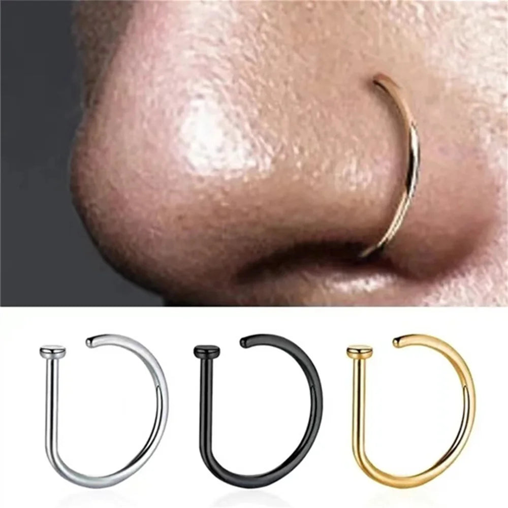 Pendientes de aro para la nariz con piercing falso para hombre y mujer, estilo punk, sin piercing, de acero inoxidable, perforados para el tabique nasal.