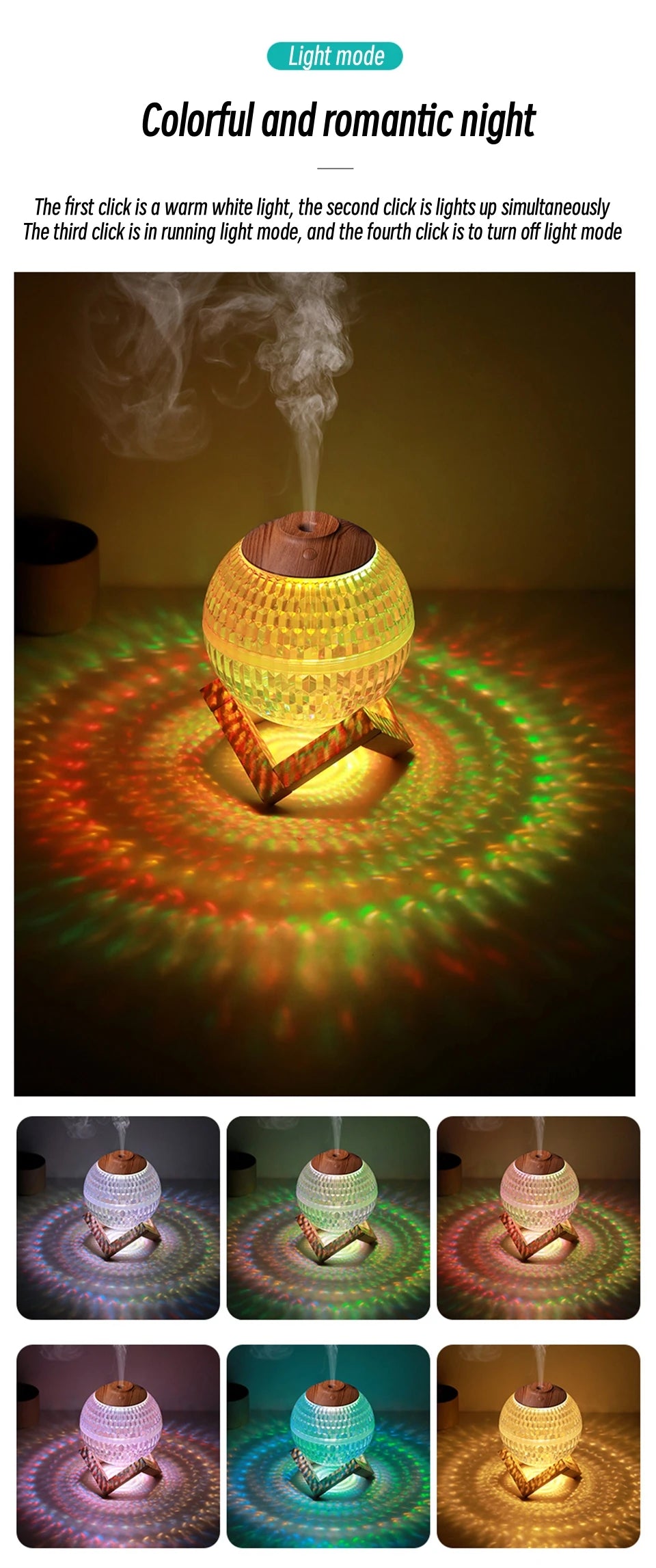 Humidificador de aire con bola de cristal de 350 ml, difusor de fragancias portátil USB, luz LED colorida, generador de vapor frío ultrasónico, humidificador de aroma.